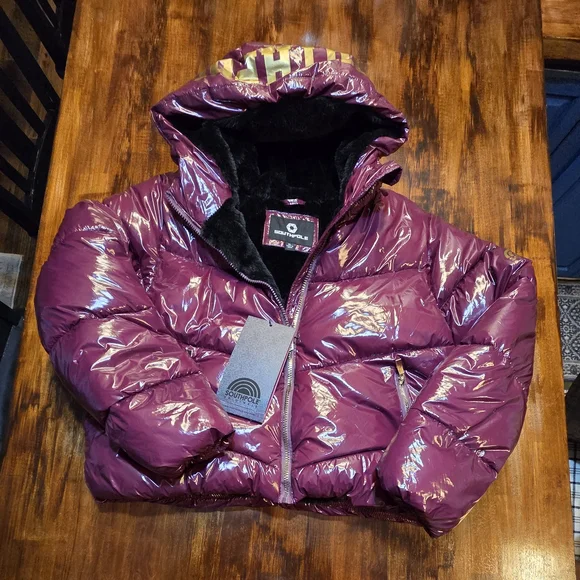 NWT Southpole Women's NylonPuffer Jacket, In Burgundy Faux Fur Inside sz XL - Picture 7 of 11